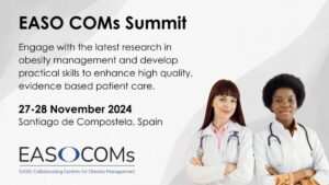 Promotional graphic for the EASO COMs Summit on November 27-28, 2024, in Santiago de Compostela, Spain, focusing on obesity management research and patient care. Includes images of two healthcare professionals.