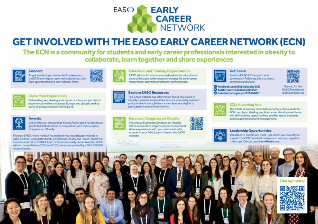 A large group of people stands together for a photo. Behind them is a banner promoting the EASO Early Career Network (ECN), highlighting key features such as resources, awards, and networking opportunities.