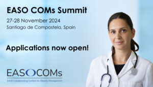 Promotional image for the EASO COMs Summit on November 27-28, 2024, in Santiago de Compostela, Spain. Text reads "Applications now open!" with a background image of a female doctor.