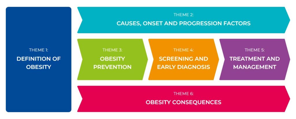 A diagram with six themes: Definition of Obesity, Causes, Onset and Progression Factors, Obesity Prevention, Screening and Early Diagnosis, Treatment and Management, Obesity Consequences.