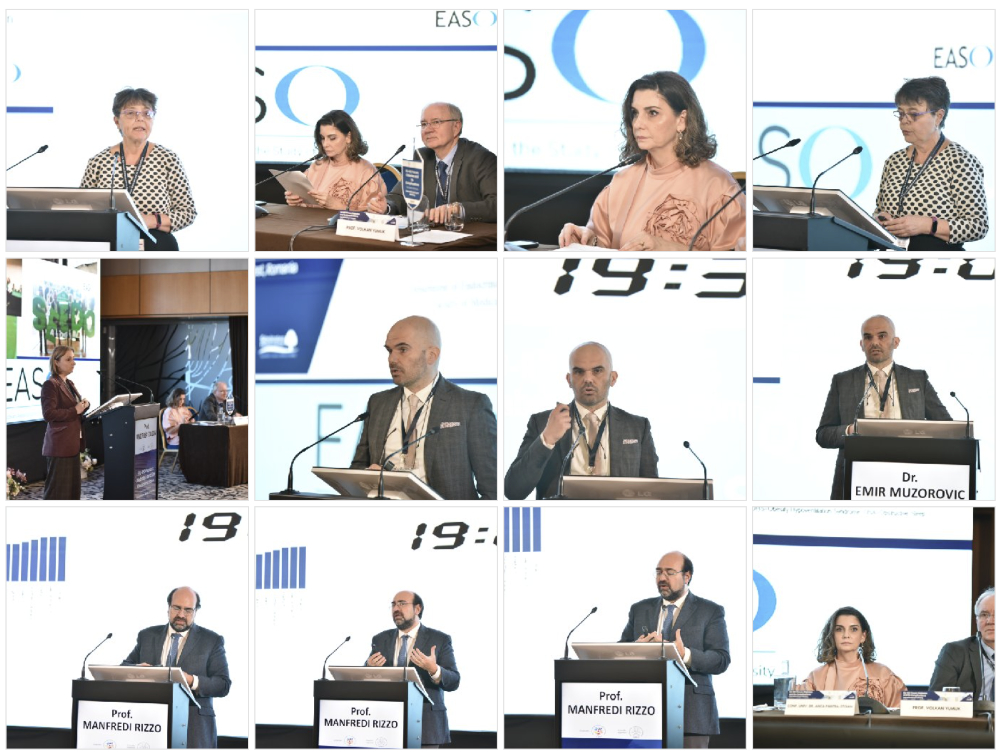 Collage of people speaking at a conference. Various individuals are shown at podiums, engaging with an audience. Presentation slides and a conference banner are visible in the background.