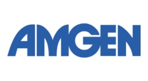 Blue text logo of "AMGEN" on a white background.