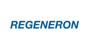 The image shows the Regeneron logo with the company name in blue, bold uppercase letters on a white background.