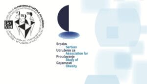 Logo of the Serbian Association for the Study of Obesity on the left and the association’s name in Serbian and English on a white background with blue geometric shapes on the right.