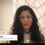A woman with long dark hair and glasses sits indoors, speaking on video. The screen displays "Rima Chakaroun" and EASO (European Association for the Study of Obesity) logos.