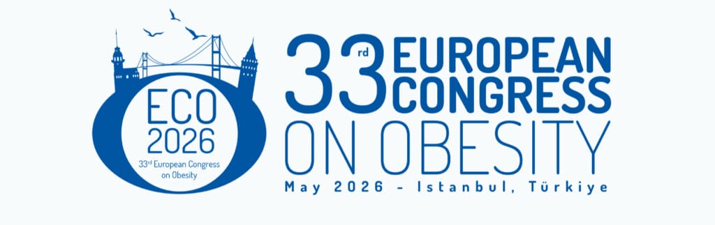 Logo for the 33rd European Congress on Obesity, Istanbul, Türkiye, May 2026, featuring a stylized cityscape and bridge in blue.
