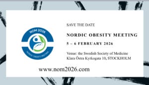 A digital invitation for the Nordic Obesity Meeting 2026, with event details and a logo, held in Stockholm on 5–6 February 2026.