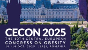 A banner for CECON 2025, the 10th Central European Congress on Obesity, scheduled for October 16-18, 2025, in Iași, Romania, with a large building in the background.