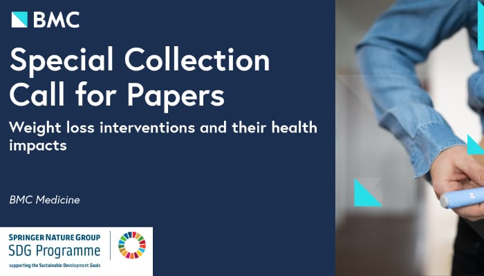 Banner for BMC Medicine's special collection call for papers on weight loss interventions and health impacts, with a person holding a blood glucose meter in the image.