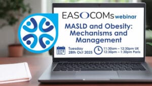 A laptop displays details for an EASOCOMS webinar titled "MASLD and Obesity: Mechanisms and Management," scheduled for October 28, 2025.
