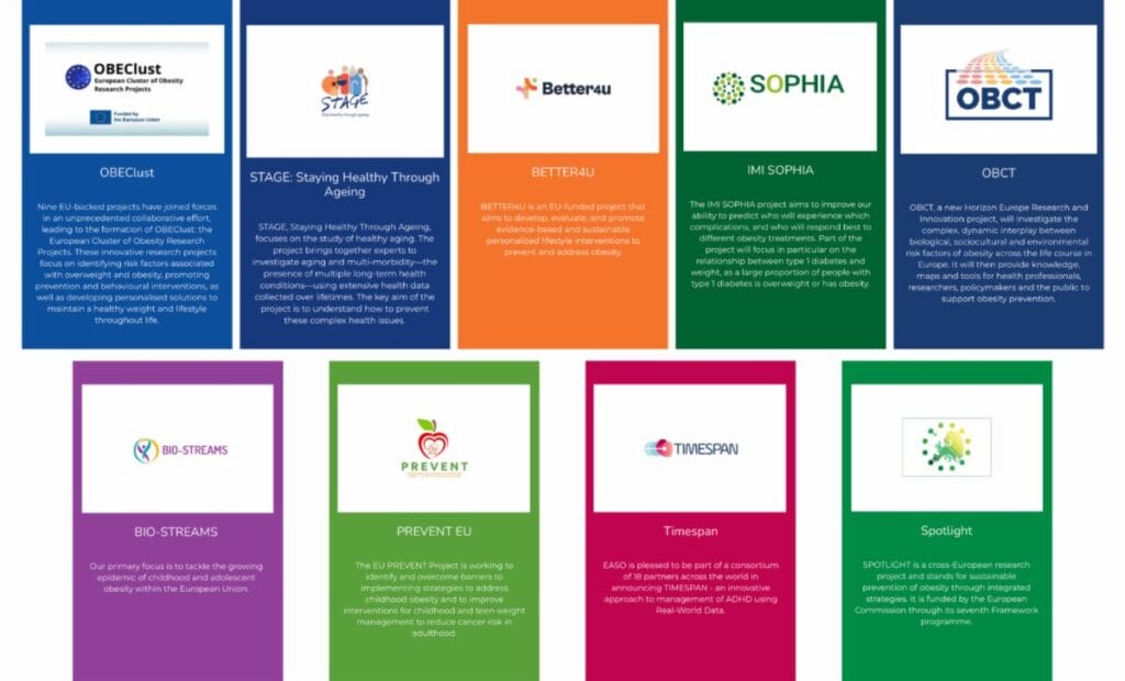 A grid of colorful boxes displays brief descriptions of nine different European health and research projects, each with its own logo and summary.