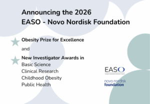 Announcement for the 2026 EASO-Novo Nordisk Foundation awards, listing the Obesity Prize for Excellence and New Investigator Awards in four research areas.