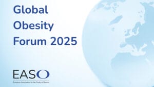 Text reads "Global Obesity Forum 2025" with the EASO logo and a partial image of a world map in blue and white tones.