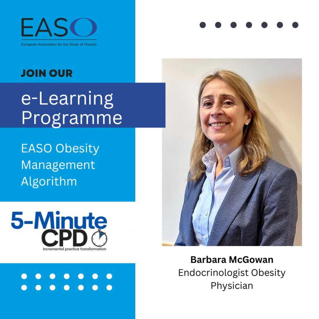 A woman in a grey blazer stands smiling next to promotional text for an EASO e-learning programme on obesity management, featuring Barbara McGowan, endocrinologist obesity physician.