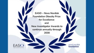 Announcement graphic for the EASO–Novo Nordisk Foundation Obesity Prize and New Investigator Awards, set to continue annually through 2030, with logos and a laurel illustration.