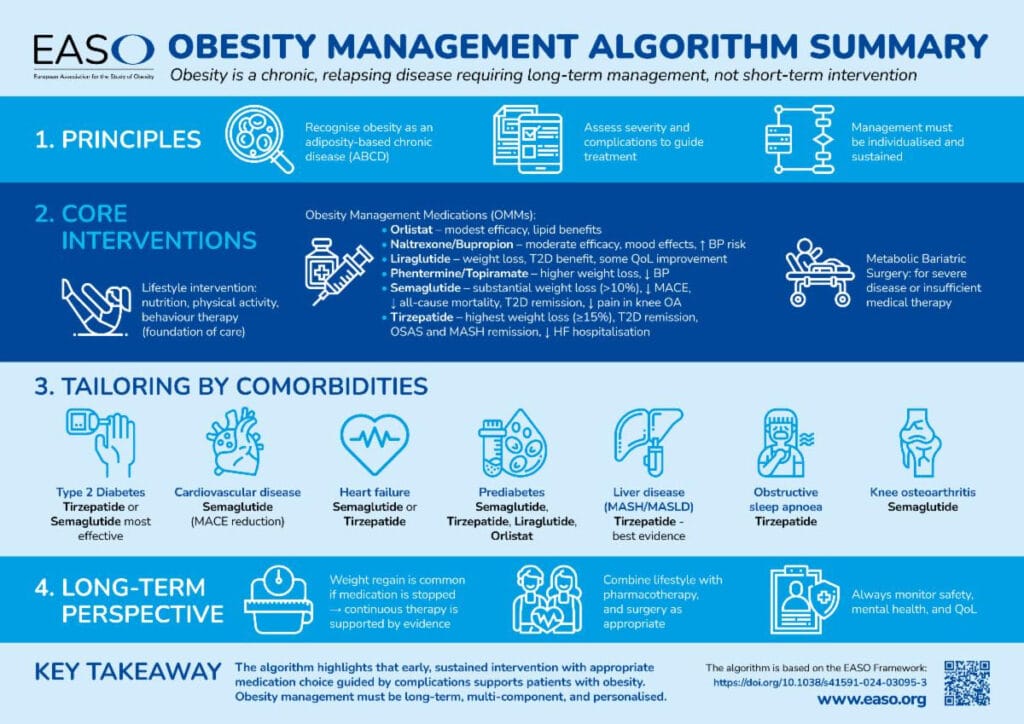 Infographic outlining the EASO obesity management algorithm, including principles, core interventions, comorbidity tailoring, long-term perspective, and a summary key takeaway.