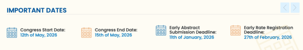 Important dates listed: Congress Start—12 May 2026, End—15 May 2026, Abstract Submission—11 January 2026, Early Registration—27 February 2026.