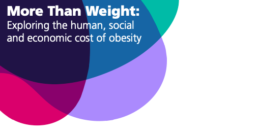 Graphic with overlapping colored circles and the text: "More Than Weight: Exploring the human, social and economic cost of obesity.