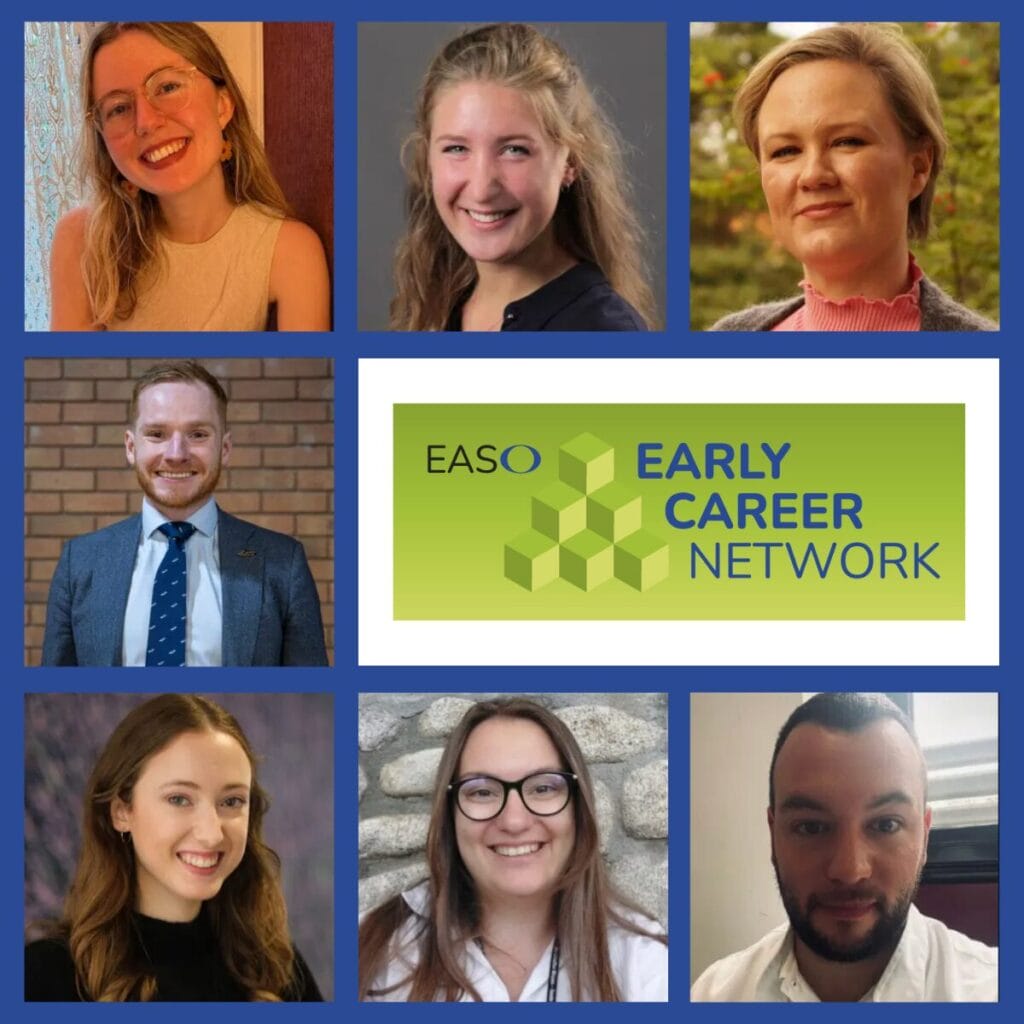 A collage of seven people in individual portrait photos, arranged around a central logo that reads "EASO Early Career Network" on a green background.