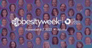 A collage of diverse headshots forms the background for the ObesityWeek 2025 event announcement, with dates and location listed as November 4-7, 2025, Atlanta.