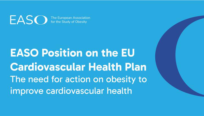 Blue graphic with EASO logo and text: “EASO Position on the EU Cardiovascular Health Plan. The need for action on obesity to improve cardiovascular health.”.
