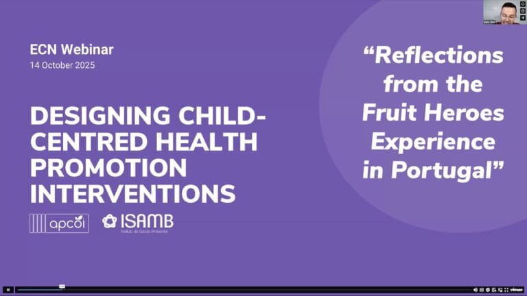 A webinar slide titled "Designing Child-Centred Health Promotion Interventions" with a subtitle on "Fruit Heroes Experience in Portugal" and speaker visible in top right corner.