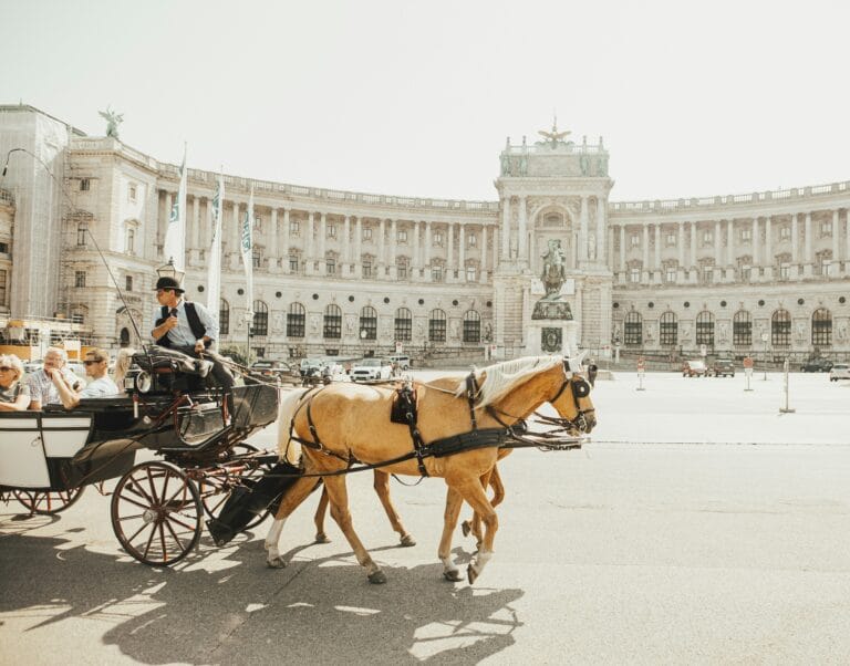 A horse-drawn carriage with passengers passes in front of a large, historic building with statues and columns on a sunny day.