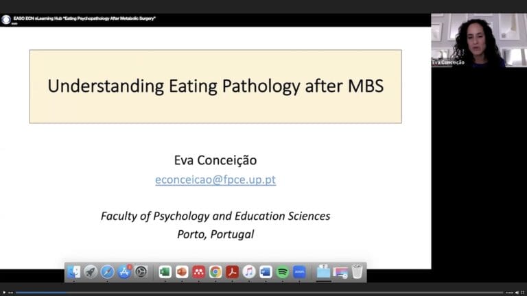 A presentation slide titled "Understanding Eating Pathology after MBS" by Eva Conceição from the Faculty of Psychology and Education Sciences, Porto, Portugal, is shown in a video call.