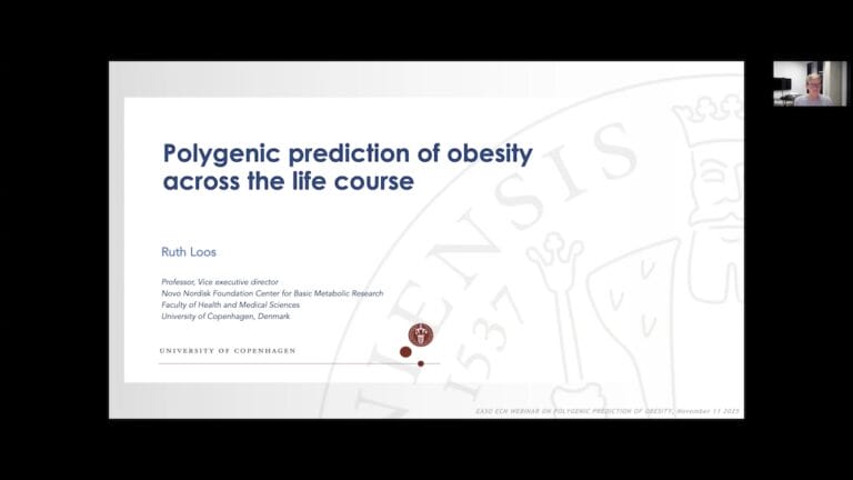 Presentation slide titled "Polygenic prediction of obesity across the life course" by Ruth Loos, from the University of Copenhagen; a small video call window shows a participant.