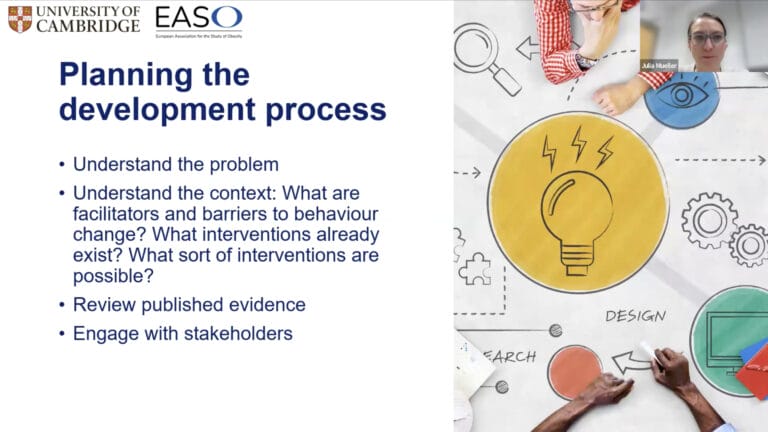 A presentation slide titled "Planning the development process" lists key steps and shows a table with office supplies and a drawing of a lightbulb.