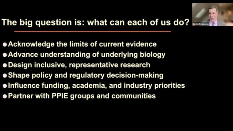 A presentation slide titled "The big question is: what can each of us do?" lists six actions, with a speaker visible in a small window in the top right-hand corner.