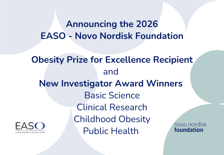 Announcement for the 2026 EASO - Novo Nordisk Foundation Obesity Prize winner and New Investigator Award winners in basic science, clinical research, childhood obesity, and public health.