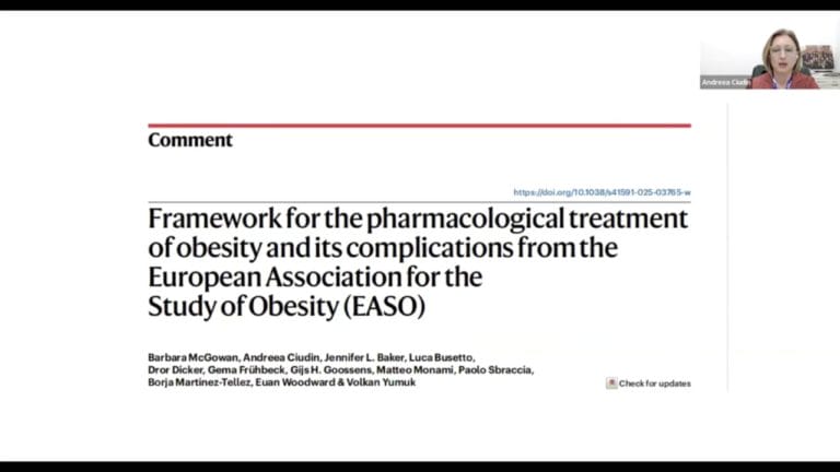 Screenshot of a journal article titled "Framework for the pharmacological treatment of obesity and its complications from the European Association for the Study of Obesity (EASO)" with author list.