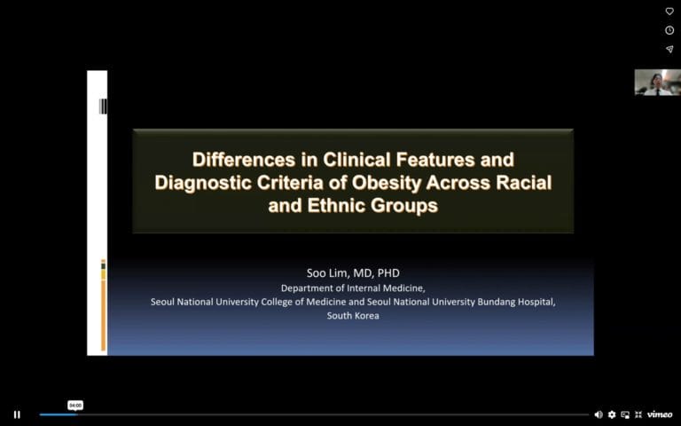 Presentation slide titled "Differences in Clinical Features and Diagnostic Criteria of Obesity Across Racial and Ethnic Groups" by Soo Lim, MD, PhD, from Seoul National University.