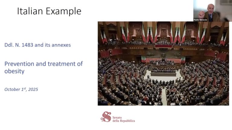 Slide showing a parliamentary session in Italy with text referencing a law on obesity prevention and treatment, dated 1 October 2015. Senato della Repubblica logo is visible.