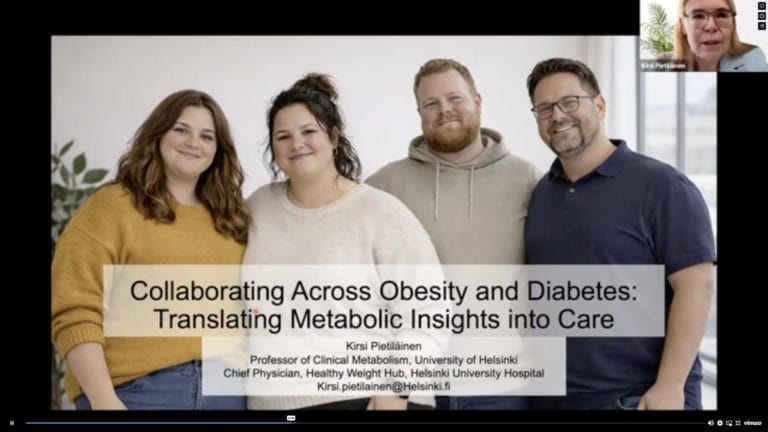 A group of four adults stand together smiling; presentation title on screen reads "Collaborating Across Obesity and Diabetes: Translating Metabolic Insights into Care" by Kirsi Pietiläinen.