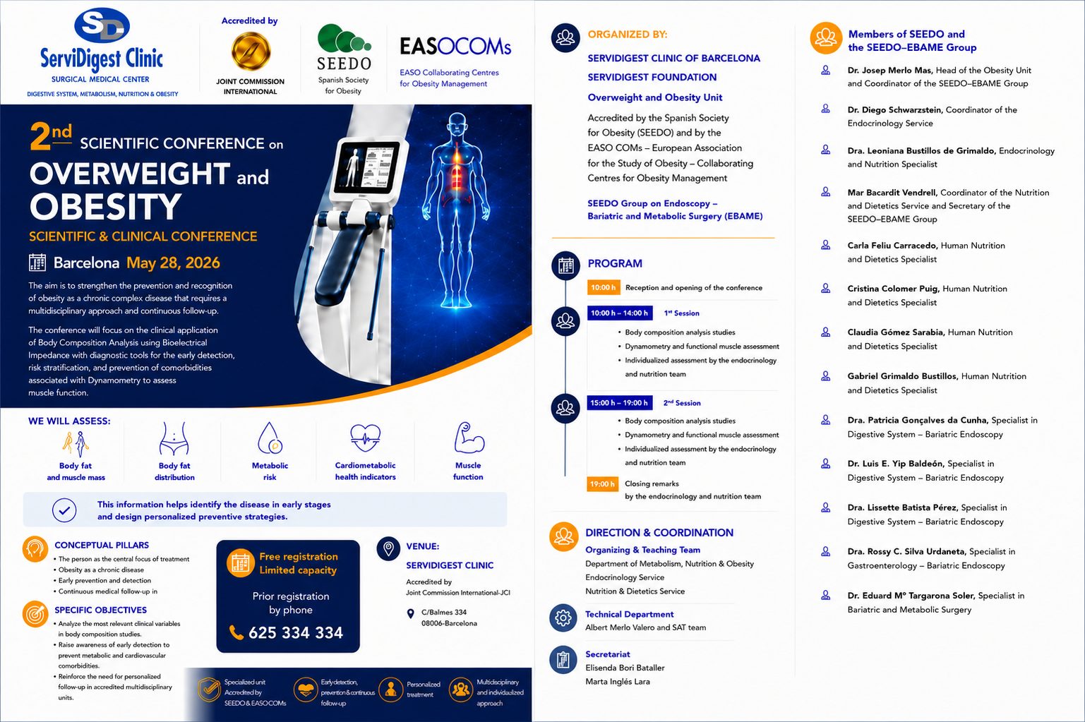 Informational flyer for the 2nd Scientific Conference on Overweight and Obesity, held in Barcelona on 28 May 2026, organised by ServiDigest Clinic, featuring event details and speakers.