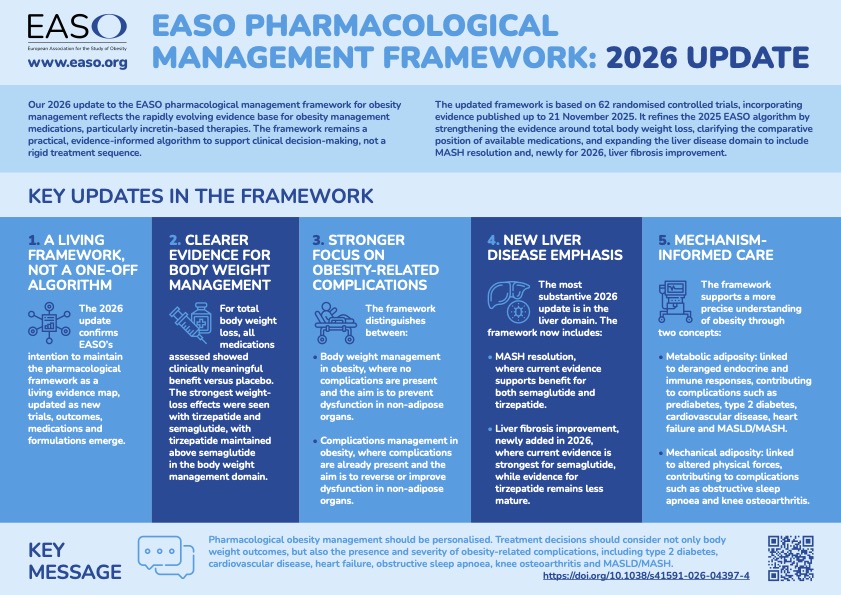 Infographic summarising the 2026 update to the EASO pharmacological management framework for obesity, highlighting five key updates and a new emphasis on liver disease.