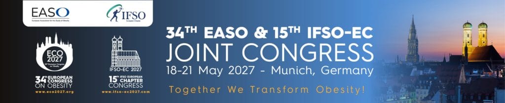 Banner for the 34th EASO and 15th IFSO-EC Joint Congress, held 18–21 May 2027 in Munich, Germany, with event logos and “Together We Transform Obesity!” slogan.