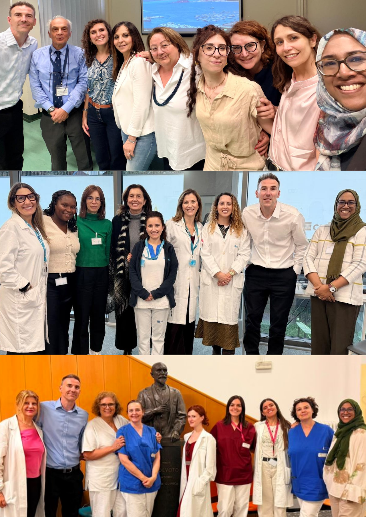 Three group photos show diverse healthcare professionals and staff posing together indoors, some in lab coats or scrubs, with backgrounds including an office, a window, and a statue.
