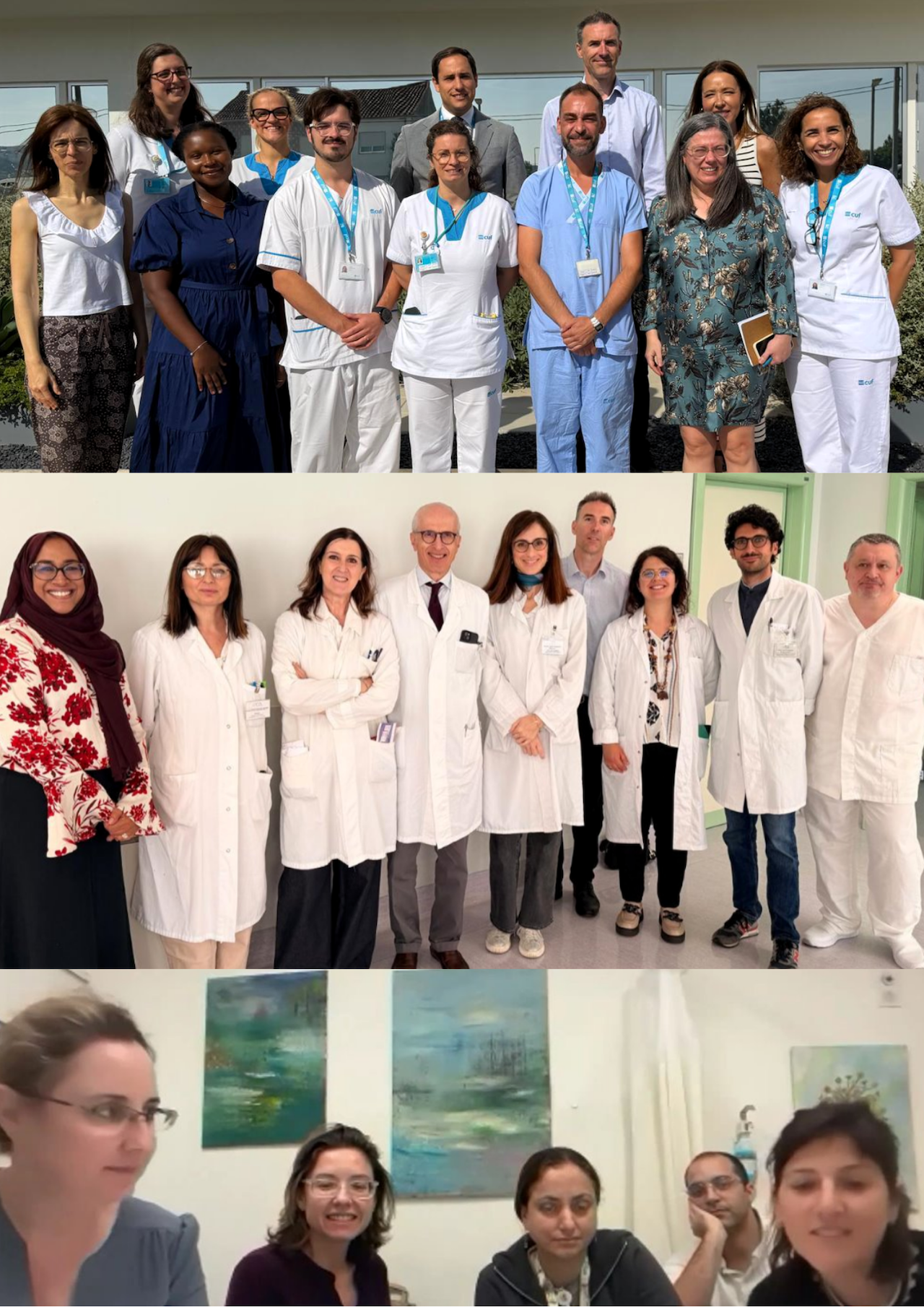 Three groups of healthcare professionals and researchers pose for group photos in indoor and outdoor settings, all facing the camera.