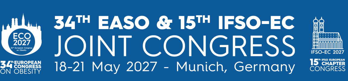 Blue banner for the 34th EASO and 15th IFSO-EC Joint Congress, held in Munich, Germany, from 18–21 May 2027.