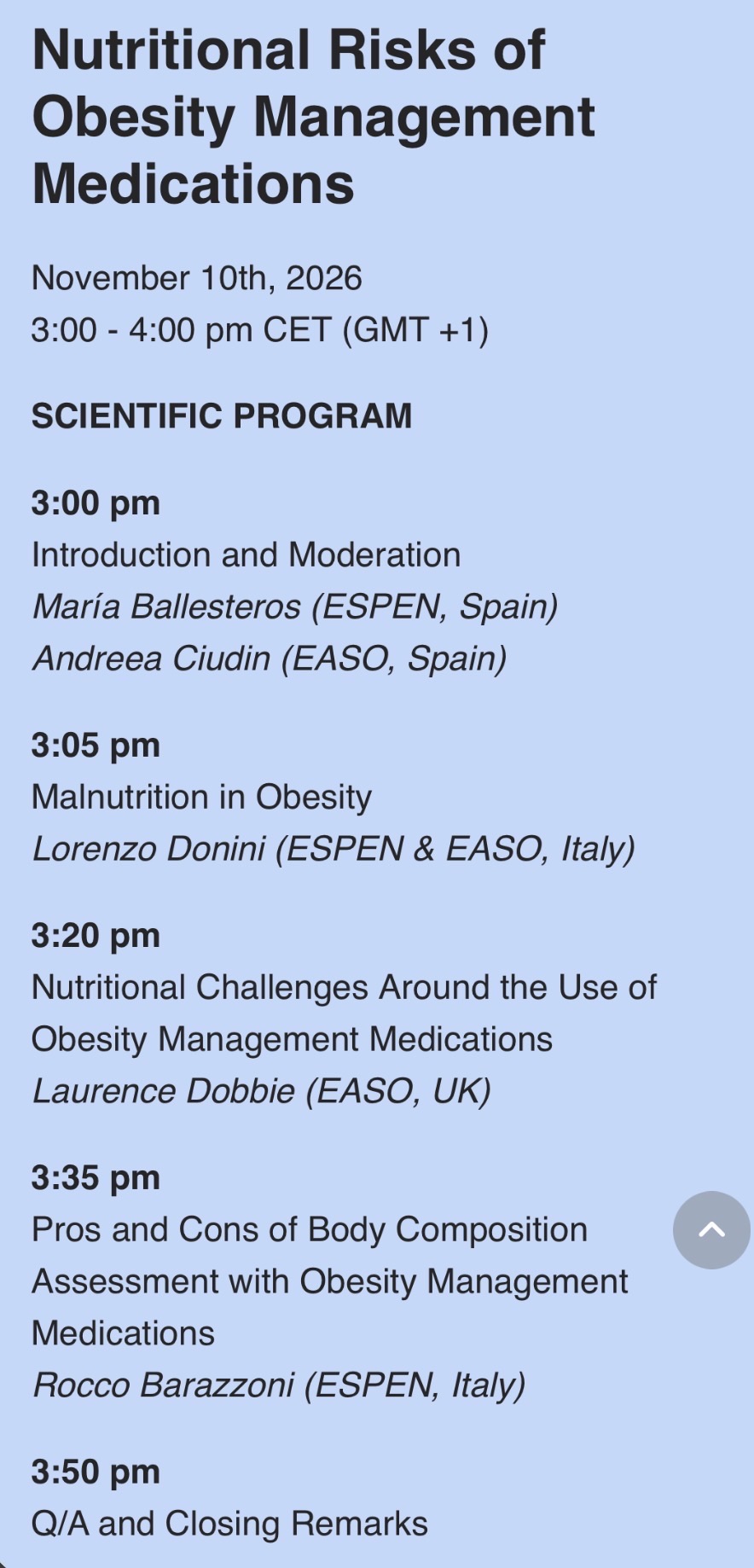 Agenda for a scientific programme on obesity management medicines, listing times, topics, speakers, and concluding with a Q&A session.