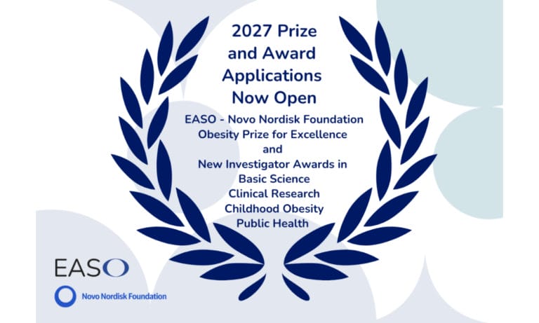 Announcement for 2027 EASO - Novo Nordisk Foundation prize and award applications, featuring categories in basic science, clinical research, childhood obesity, and public health.